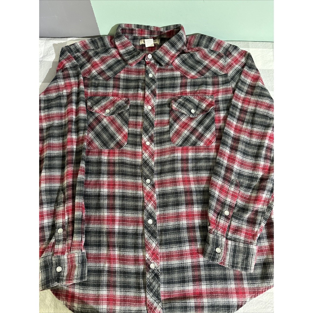 Duke Haband Mens Plaid Flannel Shirt Western Style Snap Button Front Red Gray L‎
